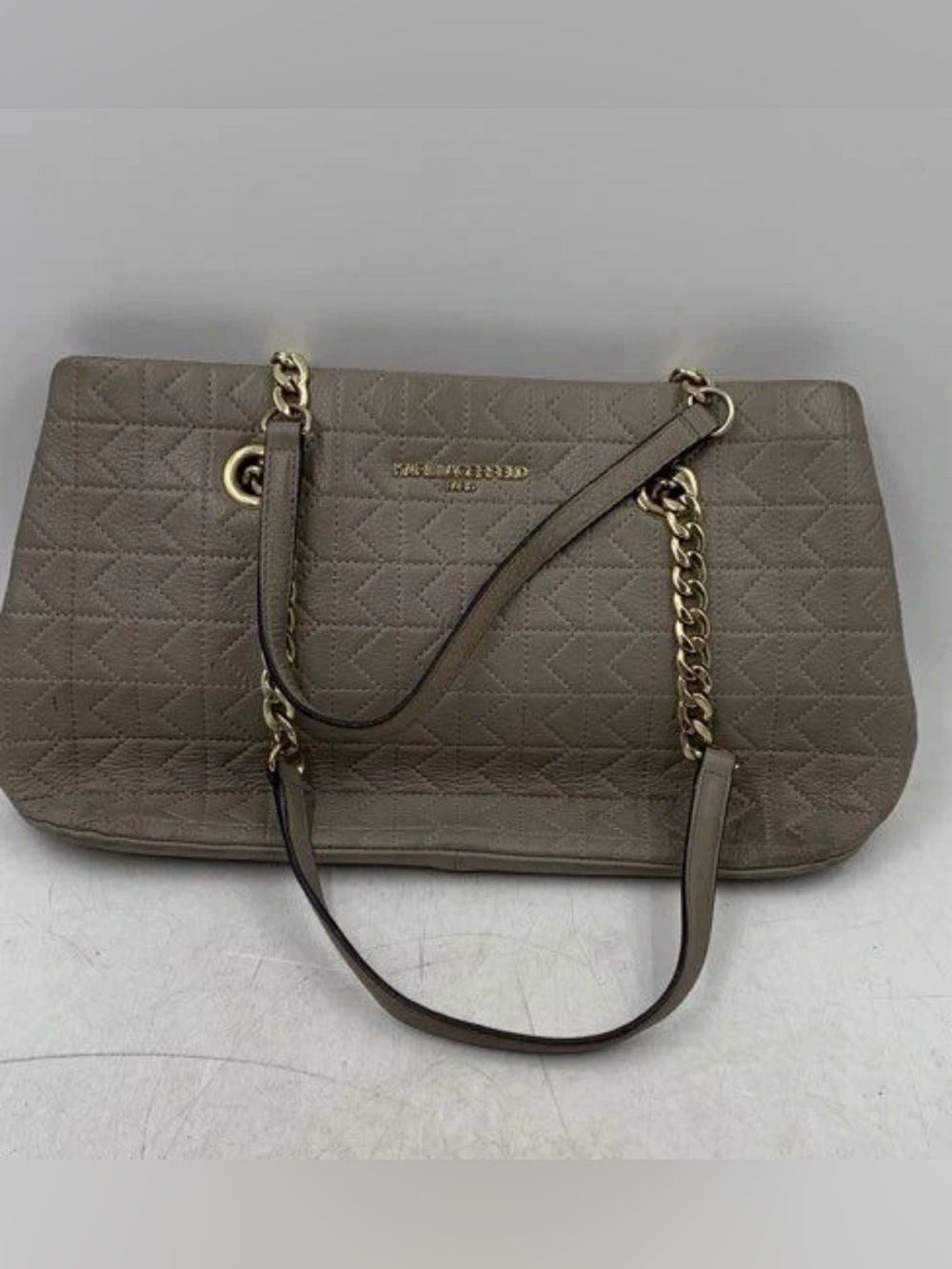 Karl Lagerfeld Quilted Taupe Shoulder Bag with Gold Chain Trim